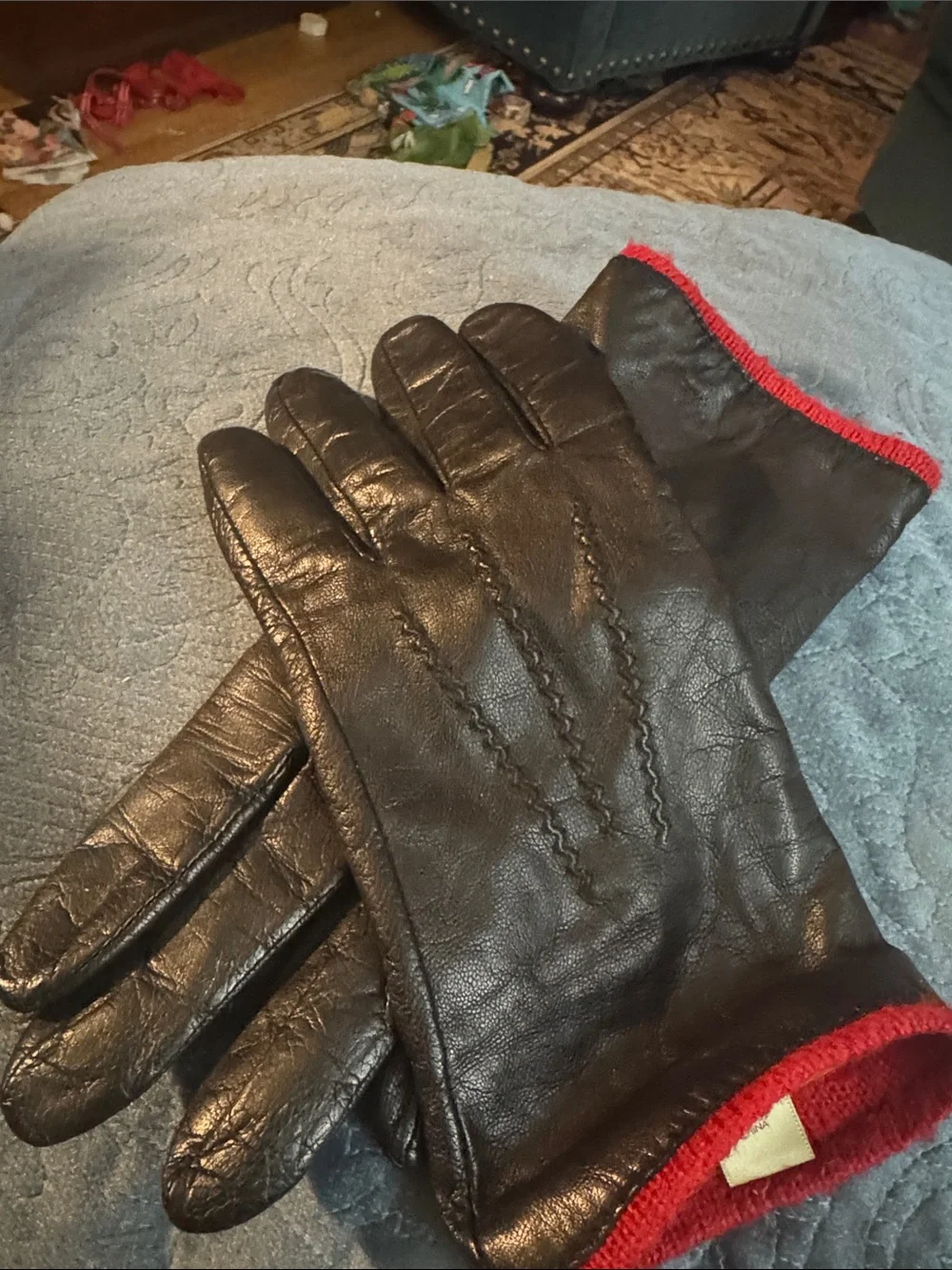 Women's Black Leather Gloves with Red Trim - Sleek Winter Style